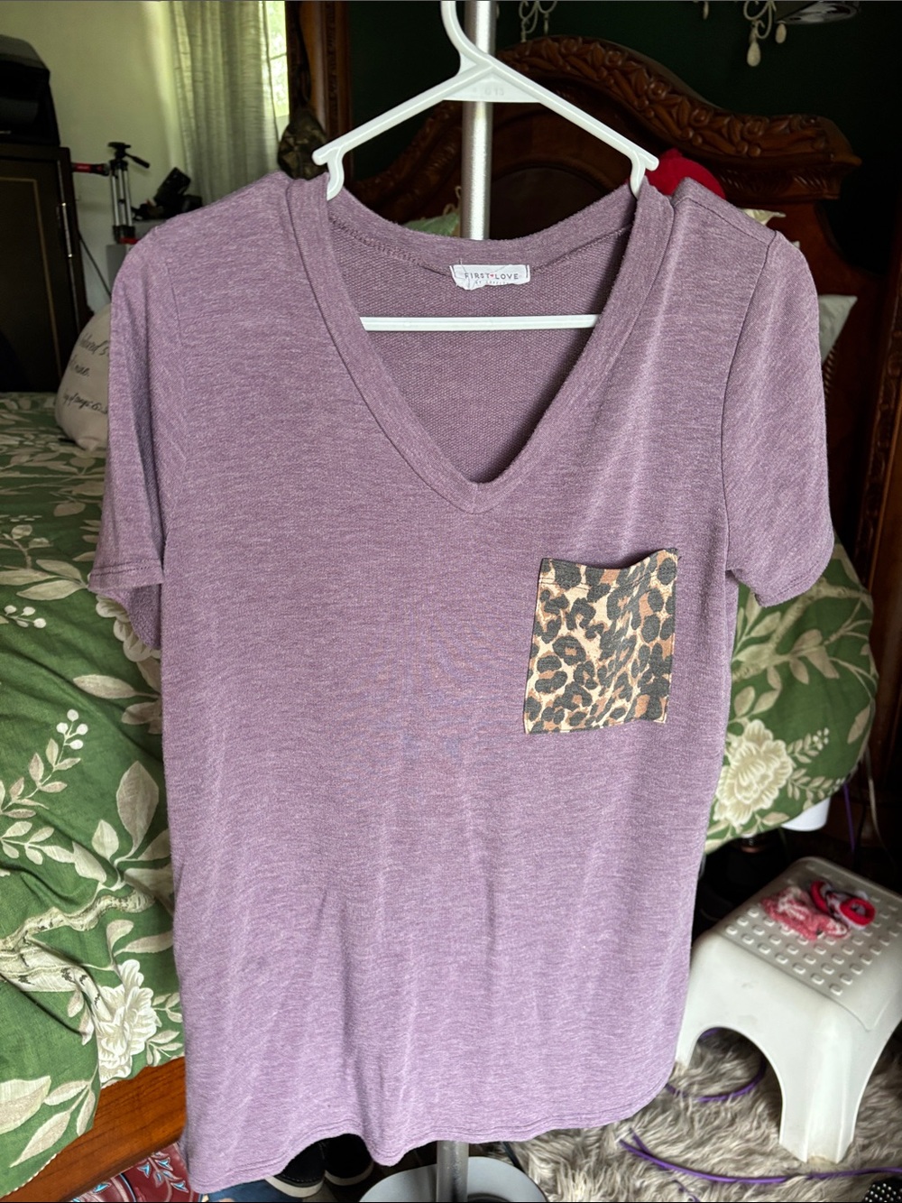 First Love Lavender V-Neck Tee with Leopard Pocket